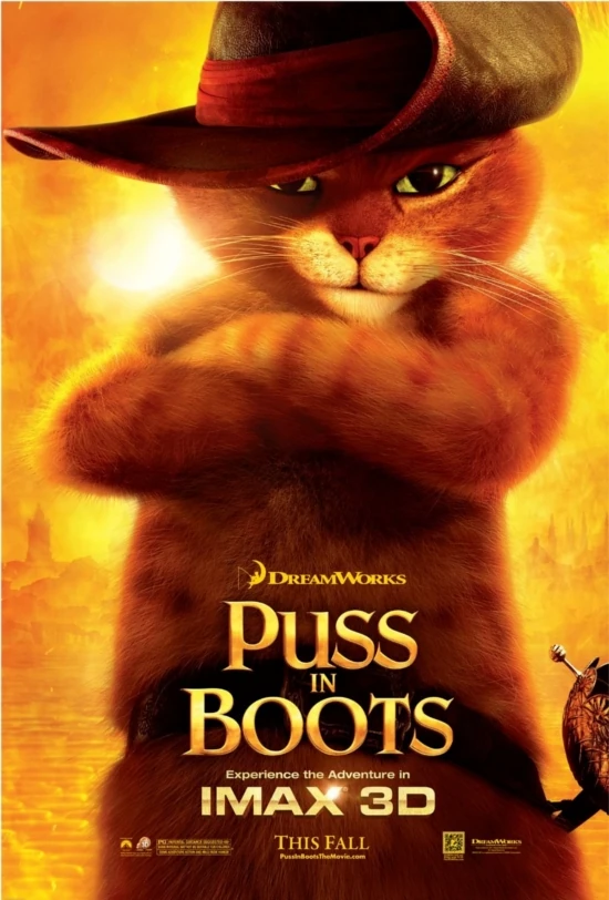 Puss in Boots Filmposter van Puss in boots: een stoere rode kater met cowboyhoed en de armen over elkaar kijkt ons aan. Poster in oranjetinten.