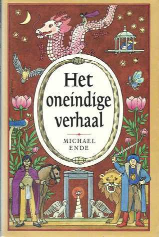 Het oneindige verhaal Kaft van Het ondeindige verhaal: midden in wit ovaal met de titel en auteur. Eromheen tegen een bruine achtergrond diverse tekeningen van figuren uit het boek.