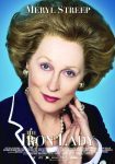 Filmposter van The iron lady: lichtblauwe achtergrond waartegen een vrouw met opgestoken haar en een jasje je met een wat strenge blik aankijkt.