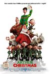 Filmposter van Arthur Christmas: witte achtergrond met in driehoekvorm diverse personages met groene of rode kleding in een driehoekvorm.
