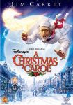 Filmposter van A Christmas Carol: een oudere man met slaapmuts en witte pyjama vliegt door de lucht met een gele geest over een winterse landschap.
