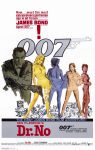 Filmposter van Dr. No. Getekende poster met witte achtergrond met in groen James Bond met getrokken wapen en in geel, blauw, oranje en rood vier schaars geklede dames.