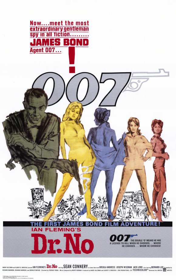 Dr. No Filmposter van Dr. No. Getekende poster met witte achtergrond met in groen James Bond met getrokken wapen en in geel, blauw, oranje en rood vier schaars geklede dames.