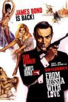 Filmposter van From Russia with love. Getekende poster van James Bond in smoking met getrokken wapen, op de achtergrond enkele schaars geklede dames en een helikopter.