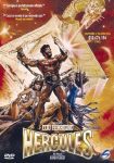 Filmposter van Hercules: een getekende psoter van een zwaar gespierde en gebruinde men met baard met zwaard en schild die een lichtstraal uit de hemel afweert. Achter hem twee vruwen in schaarse kleding met wapenrusting.