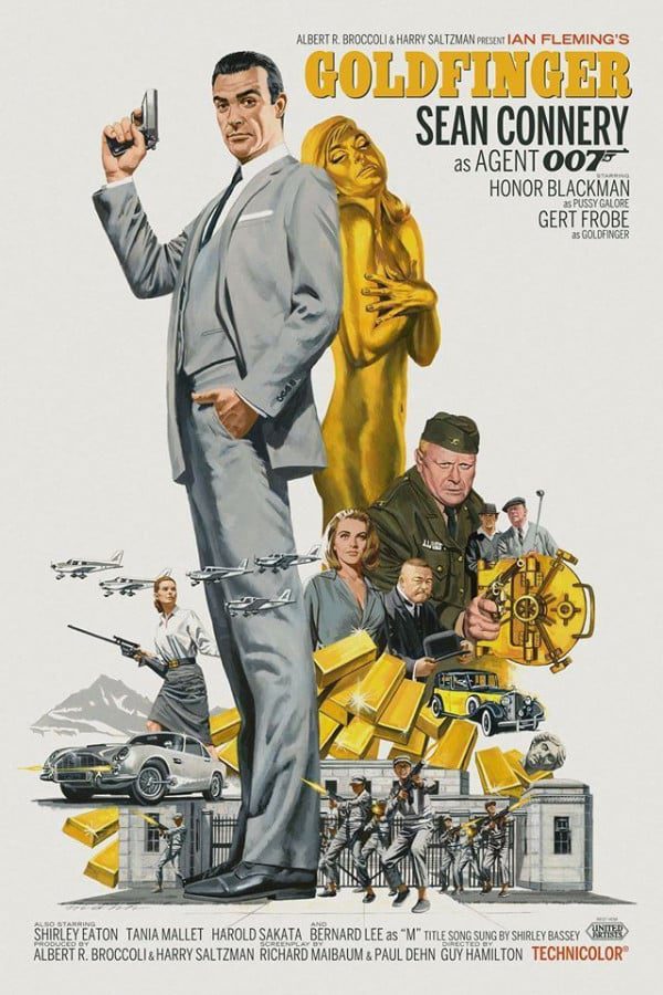 James Bond: Goldfinger Filmposter van Goldfinger: getekende poster waarop James Bond in grijs pak met getrokken wapen staat afgebeeld, een vrouw in goudverf ruggelings tegen hem an, eronder een stapel goudstaven, Goldfinger in legerpak met getrokken wapen en onderaan een auto en fort Knox.