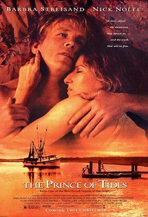 The prince of tides Filmposter van The prince of tides: in oranjetinten uitgevoerde poster met een vrouw en man in bed die van bovenaf zijn gefotografeerd terwijl zij in zijn nek wegkruipt. Eronder een vissersboot die bij een pier aanmeert.