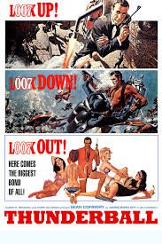 James Bond: Thunderball Filmposter van James Bond: Thunderball. Drie horizontale banen met nagetekende scènes uit de film: 1. Bond die met een jetpack wegvliegt met getrokken pistool. 2. James Bond in gevecht onder water met enkele mannen in duikpak. 3. James bond met wapen poserend omringd door enkele schaars geklede dames.