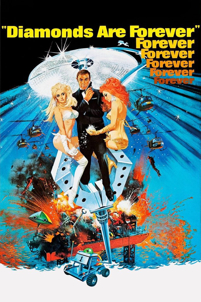 Filmposter van Diamonds are forever: getekende poster met James Bond met getrokken wapen centraal, twee vrouwen naast hem en van onder komt een grijparm vanuit een explosie.