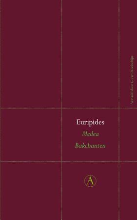 Kaft van Medea & Bakchanten: wijnrode kaft met twee horizontale en twee verticale stippellijnen in groen. In het kader dat zo ontstaat staan titel en auteur.