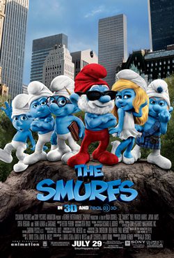 The Smurfs Filmposter van The Smurfs: voor de skyline van New York, gezien vanuit Central Park, staan Grote Smurf met een zonnebril, Smurfin, potige smurf, brilsmurf en nog twee smurfen.