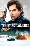 Filmposter van The living daylights: James Bond groot op de achtergrond met getrokken wapen, ervoor een auto die wegrijdt van een ontploffing in een sneeuwlandschap.