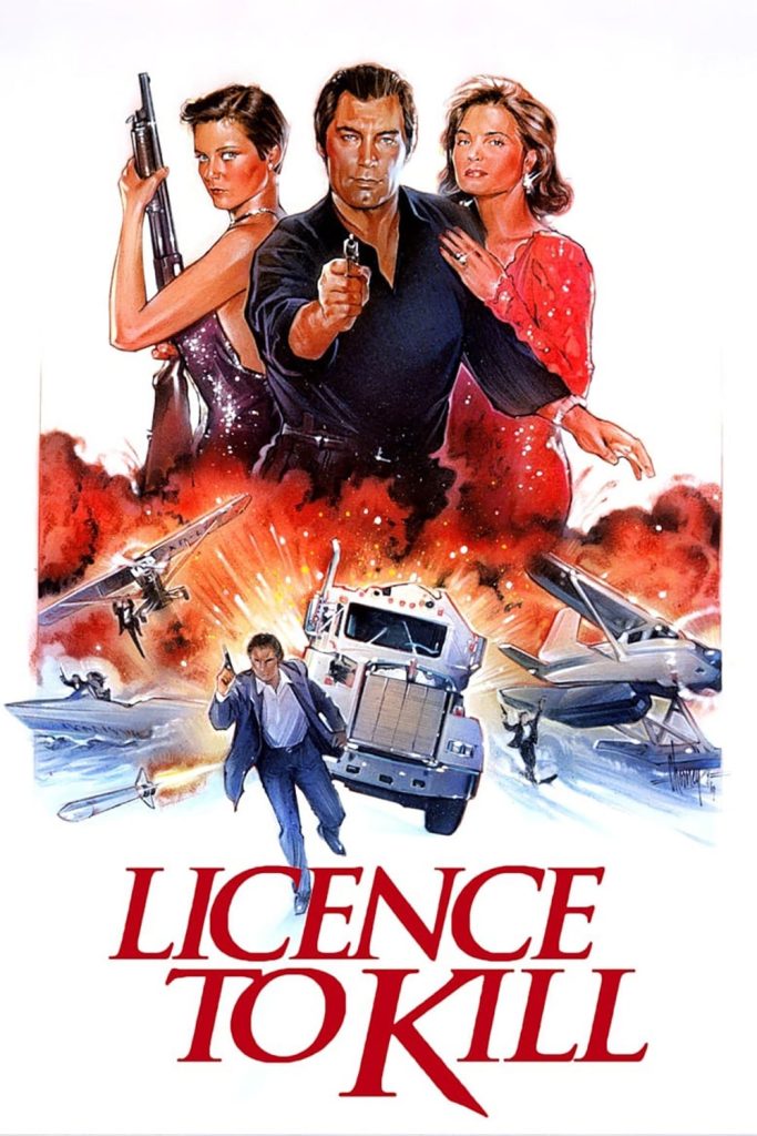 Licence to kill Filmposter van Licence to kill: witte poster, op de voorgrond een explosie van waaruit James Bond, een auto en twee vliegtuigen wegvliegen. Erboven Bond met een wapen gericht op de kijker en twee vrouwen aan zijn zijde.