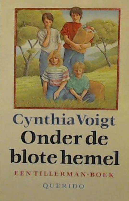Kaft van Onder de blote hemel: tekening van vier kinderen in een graslandschap met bomen op de achtergrond in een kader. Eronder titel en en auteur.