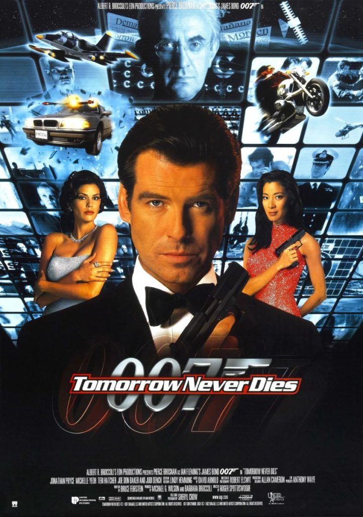 Tomorrow never dies Filmposter van Tomorrow Never Dies: James Bond staat middenvoor met zijn pistool in de hand, een eind achter hem twee vrouwen in avondjurk, één met een waper, op de achtergrond diverse lcd-schermen met diverse beelden in blauw. Boven het hoofd van Bond een mannenhoofd ook in blauwtinten.