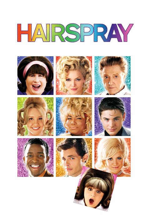 Filmposter van Hairspray: 9 vierkante foto's met felgekleurde achtergrond van de hoofdrolspelers. Een tiende foto valt net buiten het kader; die van de hoofdrolspeelster.