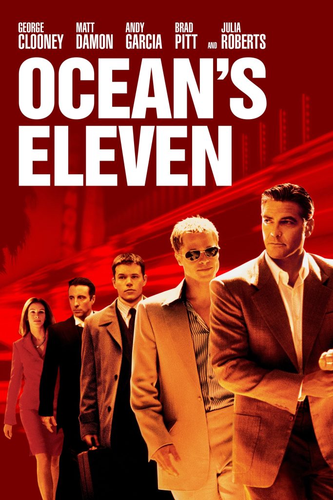 Filmposter van Ocean's Eleven: rode achtergrond met vier mannen en één vrouw in pak in oranjetinten ervoor. Erboven in witte letters de titel.