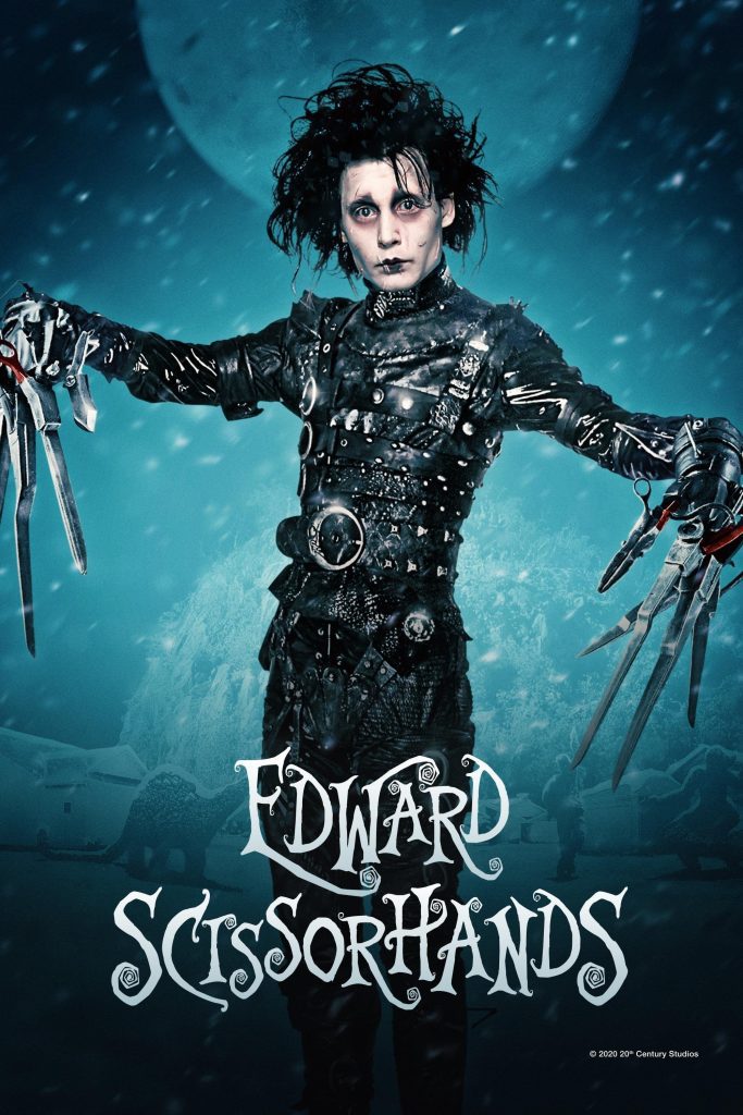 Edward Scissorhands Filmposter van Edward Scissorhands: petrol achtergrond met ervoor Edward Scissorhands en in witte zwierige letters zijn naam.