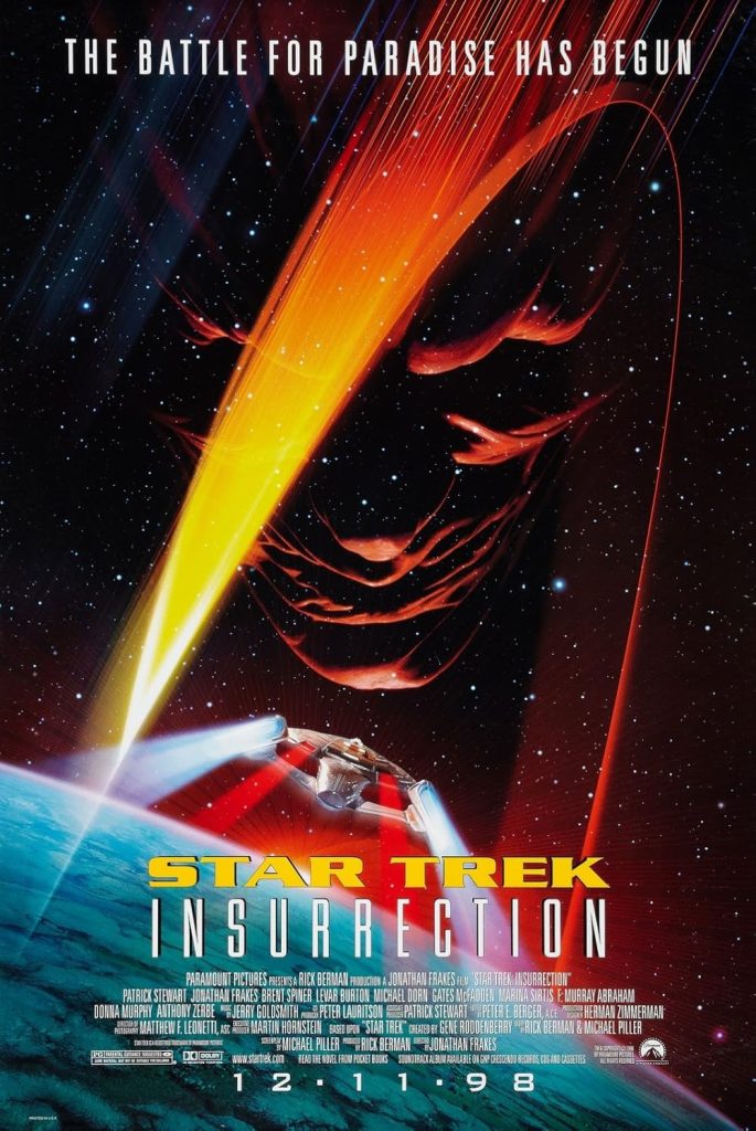 Star Trek: Insurrection Filmposter van Star Trek: Insurrection: een planeet is linksonder in beeld, tegen de zwarte achtergrond is een angstaanjagend gezicht te zien. Rond de planeet vliegt de Enterprise.
