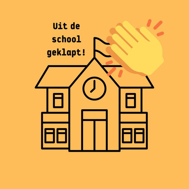 Coverafbeelding van de podcast Uit de school geklapt: gele achtergrond met een lijntekening van een schoolgebouw en de klappende-handen-emoji ervoor.