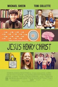 Filmposter van Jesus Henry Christ: appeltjesgroene poster met divers foto's en afbeeldingen van personages uit de film en een aansteker en reageerbuis.