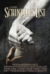 Filmposter van Schindler's list: een volwassen hand houdt een kinderhand vast, met eroverheen getypte namenlijsten in zwart.