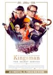 Filmposter van Kingsman: witte achtergrond en in een cirkel staat in V-formatie een groep mannen in diverse kleding en met diverse wapens.