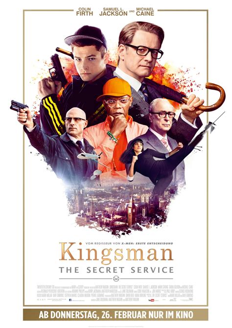 Filmposter van Kingsman: witte achtergrond en in een cirkel staat in V-formatie een groep mannen in diverse kleding en met diverse wapens.