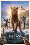Filmposter van Mufasa: vooraan een leeuw die trots in de camera kijkt, eromheen een aap, boos kijkende leeuw, stokstaartje, zwijn, kleine leeuw en vogel. Allen staan in een Afrikaans bergachtig landschap.