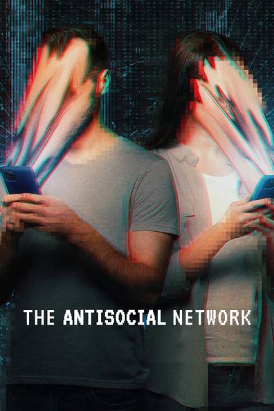 Filmposter van The antisocial network: een man en vrouw in eenvoudig grijs shirt kijken op hun telefoon; hun gezicht wordt in de telefoon gezogen.